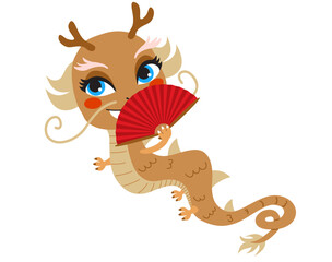Chinese dragon cartoon character holding a red fan vector illustration. Zodiac flat animal Isolated on transparent background