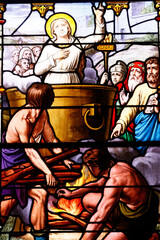 Obraz na płótnie Canvas Saint Aubin church. Stained glass. Christian martyrdom Houlgate. France.