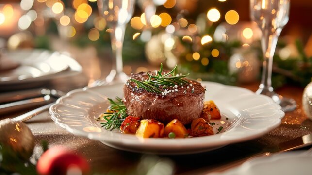 Gourmet Filet Mignon on Festive Table, Garnished with Rosemary and Seasonal Vegetables, Celebratory Holiday Meal