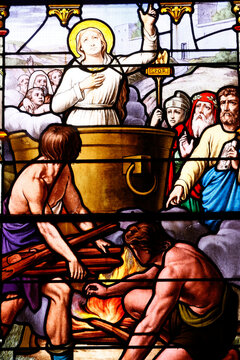 Saint Aubin church.  Stained glass. Christian martyrdom Houlgate. France.