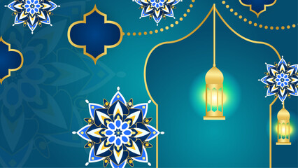 Fototapeta na wymiar Blue white and gold vector background for islamic ramadan celebration with mandala ornament. Islamic ramadan blue luxury background with mandala for poster