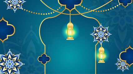 Blue white and gold vector gradient illustration for islamic ramadhan background with mandala ornament. Islamic ramadan blue luxury background with mandala for poster