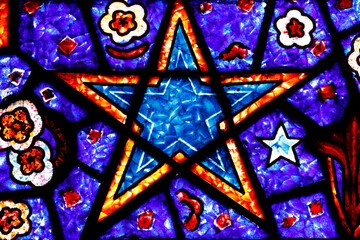 Saint Helier church. Saint Helier church. Stained glass by Francois Decorchemont. Nativity. Evening star.  Bleuzeville. France.