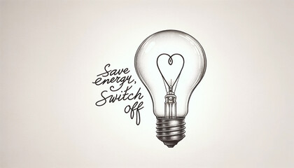 A sketch of a light bulb with a heart-shaped filament, The phrase 'save energy, switch off' is written next to the light bulb - Generative AI