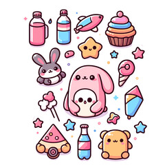 Vector cute collection of girly stuff isolated on white background. Cute doodle background with sweets, tea and hearts
