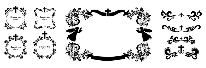 Obraz premium Angels and flowers. Black frame, border,banner. For Easter, Spring, baptism , wedding cards and publications. Christian Good News. Catholic, Orthodox, Protestant postcard. Illustration