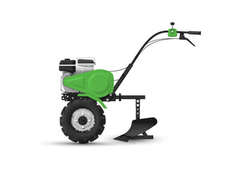 Hand walk behind tractor with plow green harvesting machine side view realistic vector illustration