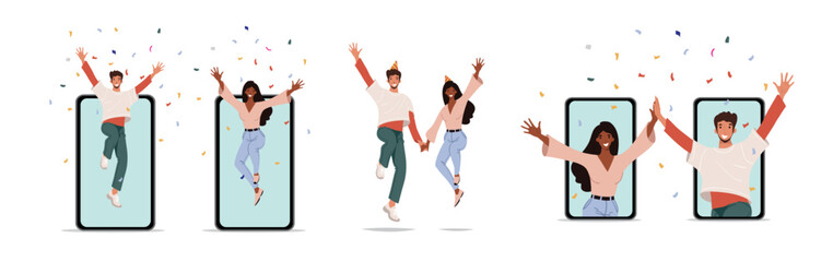 Happy guy and girl jumping out of the phone screen holding hands, congratulations on victory, success concept in a smartphone application. Flat cartoon vector illustration. - obrazy, fototapety, plakaty
