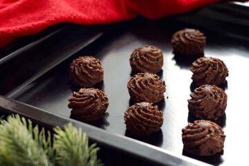 Chocolate cake lies on a baking sheet