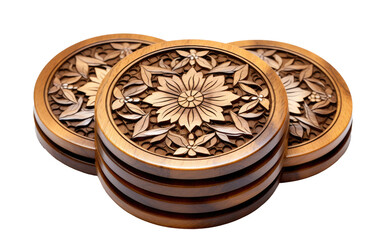 Walnut Wood Coasters Set with Wooden Color Flower Detailed Inlay On White or PNG Transparent Background.