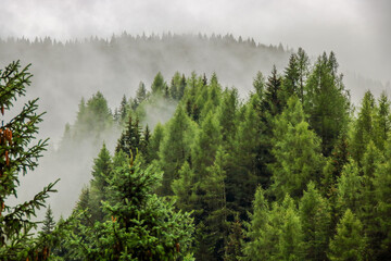 Misty and cloudy alpine landscape in Alta Badia - obrazy, fototapety, plakaty