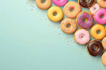 Top view of assorted donuts on green background