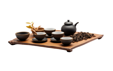 Black Kung Fu Tea Set with Tea Seeds and Leaves on Wooden Tray On White or PNG Transparent Background.