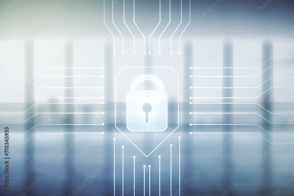 Poster virtual creative lock symbol and microcircuit illustration on empty corporate office background. pro