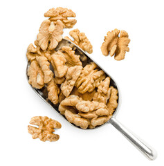 heap of walnuts on a metal spoon, on a white isolated background, top view