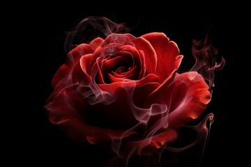 Rose wrapped red smoke. Crimson romantic fragrant rose flower in darkness. Generate ai