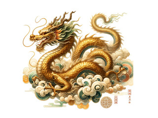 Obraz premium watercolor illustrations of a mythical gold dragon on a cloud, created in a traditional Chinese style