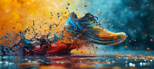 A single sports sneaker floating in the air, with bright multicolored splashes of paint and multicolored drops of paint in the air. Modern sports shoes on a dark blue background. Advertising of