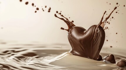 A chocolate heart emerging from a milk splash, serving as a romantic food symbol for Valentine's...