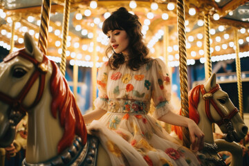 Fototapeta na wymiar A woman in a dress riding a carousel. Generative AI.