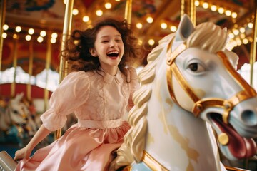 Fototapeta na wymiar A girl is riding a carousel horse. Generative AI.