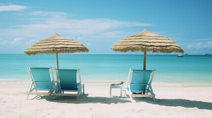 Two beach chairs with umbrellas sitting on the sand. Generative AI.