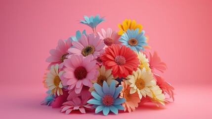 A collection of multicolored flowers arranged atop pink paper, depicted in the V-Ray tracing style, Ai Generated.