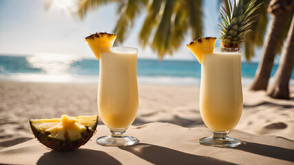Two summer coconut milk cocktails with a slice of pineapple on the table on a sunny beach. Pina colada. Generative AI - obrazy, fototapety, plakaty