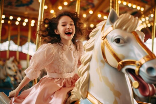 A girl is riding a carousel horse. Generative AI.
