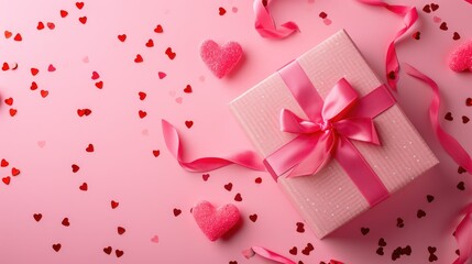 Pink gift box with celebratory hearts on a pink background, Ai Generated