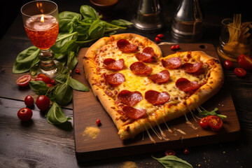 Photo of a heart-shaped pizza with pepperoni and melted cheese, freshly baked