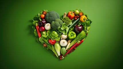 Heart shaped fresh vegetables on green background, Ai Generated