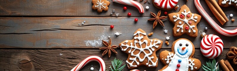 Adorable Christmas confections and cookie display. Overhead perspective on a charming, rustic dark wood banner backdrop. Delightful festive baking theme, Ai Generated.