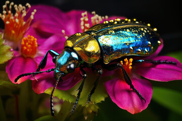 Jewel beetle, with metallic sheen, on a dew-covered flower petal in the early morning light