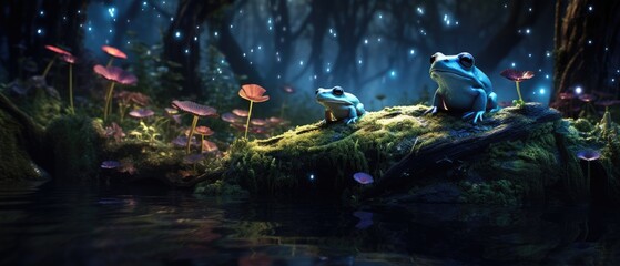 Frogs in the forest at night. Generative AI.