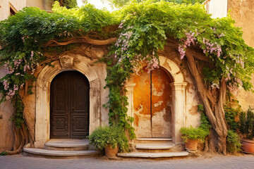 Fototapeta na wymiar Photo of an ancient stone archway and wooden door in Rome, Italy, adorned with vines and flowers