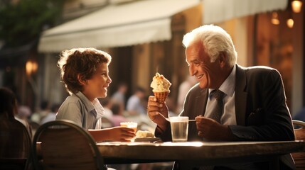 An older man and a young boy eating ice cream. Generative AI. - obrazy, fototapety, plakaty