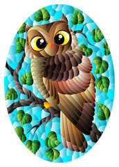 A stained glass illustration with a cute cartoon brown owl sitting on a tree branch against a blue sky background, oval image