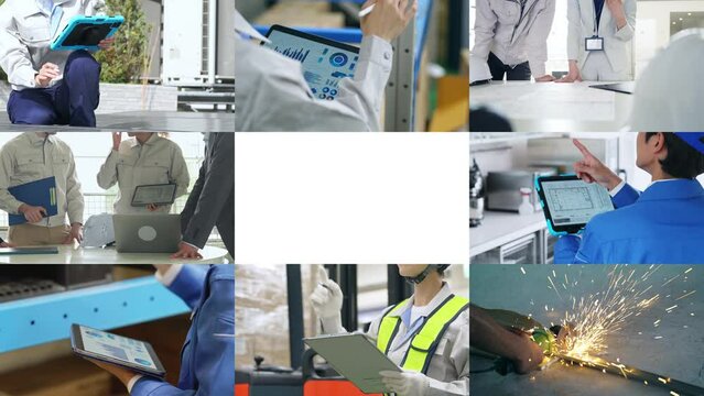 Collage movie of various industrial workers. Wipe transition from white background.