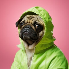 A pug dog wearing a green jacket. Generative AI.