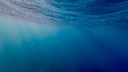 The sun's rays pass through the water. The sun's rays pierce the surface of the ocean and the blue water column.
