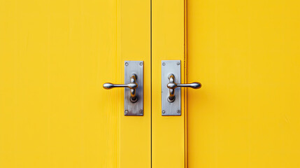 A yellow door with a brass handle on yellow background	
