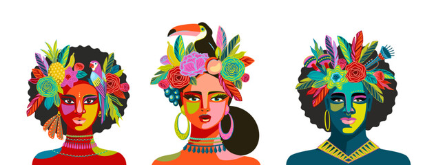Portrait of people in brazil carnival outfits. Vector isolated illustrations. Design elements for carnival concept and other