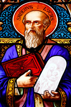 Huyen Si Church. Stained glass. Saint Luke the apostle. Ho Chi Minh city. Vietnam.