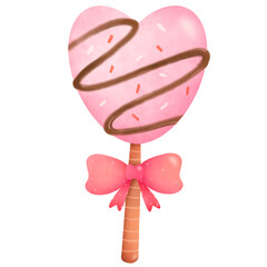 Watercolor illustration of a pink heart-shaped dessert topped with chocolate and tied with a bright pink polka dot bow