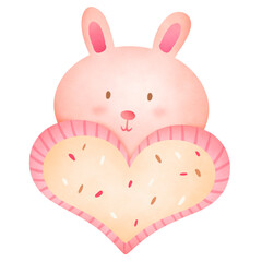 Sweet watercolor illustration portraying a cream-colored rabbit holding a creamy pink heart-shaped cookie adorned with colorful sugar flecks