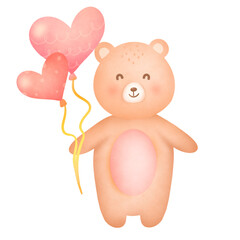 Whimsical watercolor illustration featuring a brown bear holding a pink heart-shaped balloon embellished with polka dots and curled lines