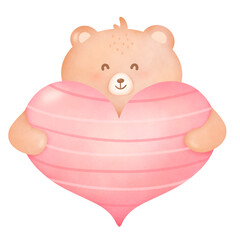 Adorable watercolor depiction of a light brown bear holding a sizable pink heart with pink and white stripes inside
