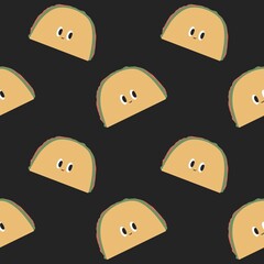 Taco seamless pattern Traditional Mexican food background Cute cartoon groovy retro character