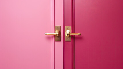 A  pink door with a brass handle on  pink background	